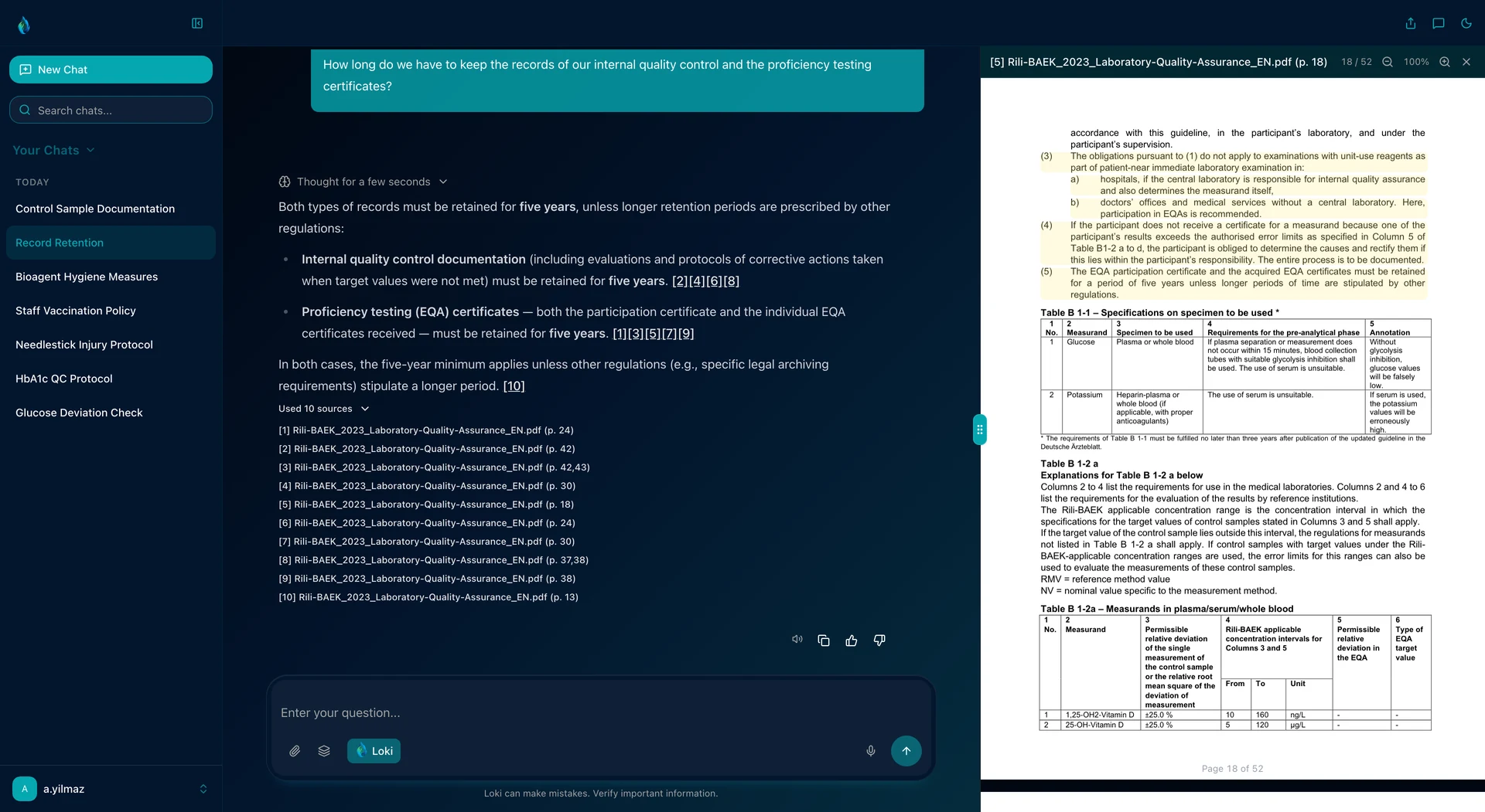 LOKI in dark mode: the answer on how long the records of internal quality control and the proficiency testing certificates must be kept, five years, with ten source references. On the right the English version of the German Medical Association’s guideline on laboratory quality assurance (Rili-BÄK), page 18 with the retention rule highlighted.