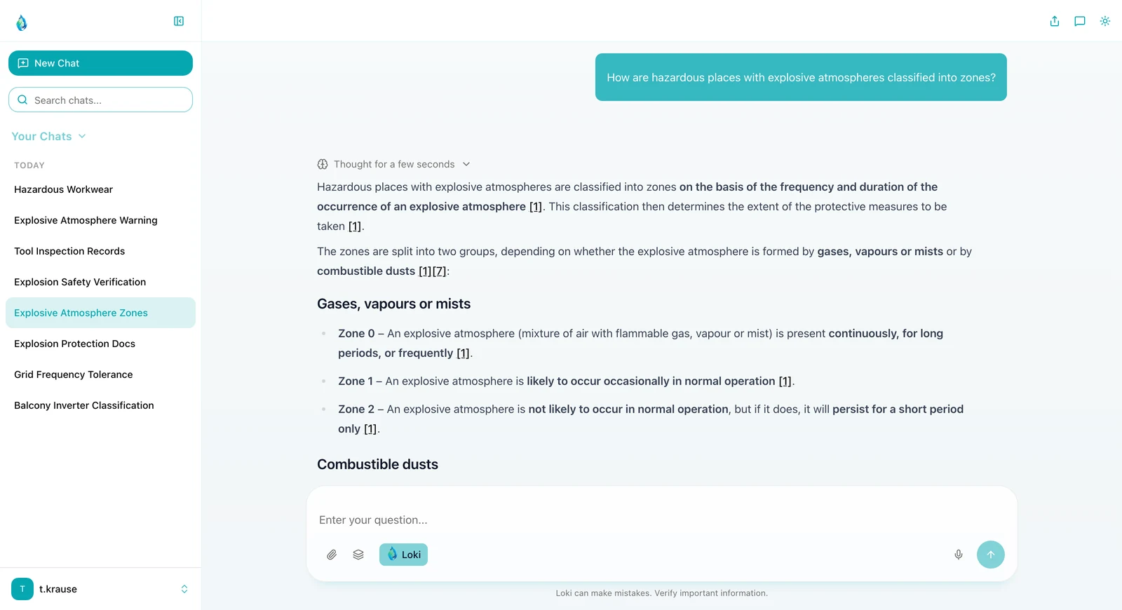 LOKI in light mode: the question how hazardous places with explosive atmospheres are classified into zones. The answer explains zones 0, 1 and 2 for gases, vapours and mists and the zones for combustible dusts, with source references.