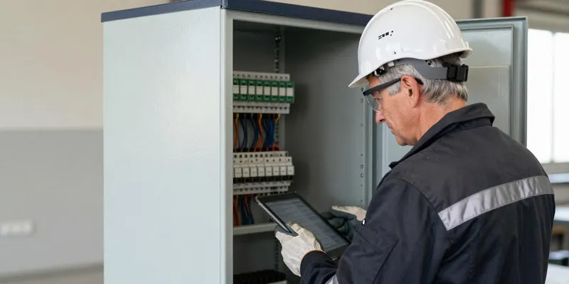 Techniker mit Tablet vor einer geöffneten Niederspannungs-Schaltanlage.
