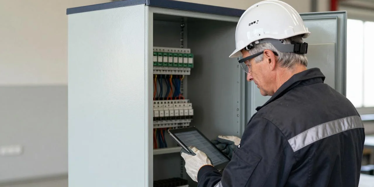 Techniker mit Tablet vor einer geöffneten Niederspannungs-Schaltanlage.