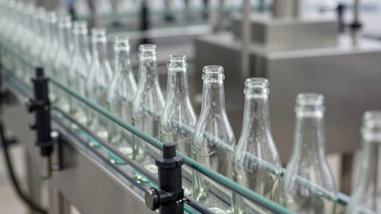 Abfülllinie: Glasflaschen laufen über das Förderband.