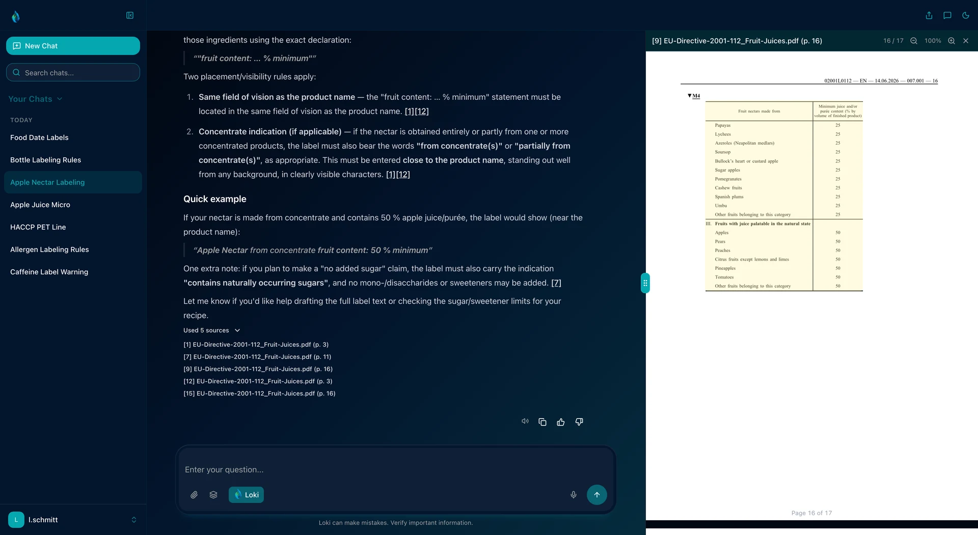 LOKI in dark mode: the answer on how an apple nectar has to be labelled, with the declaration “fruit content: … % minimum”, a quick example and five source references. On the right Directive 2001/112/EC, the annex on page 16 with the minimum juice content per fruit.