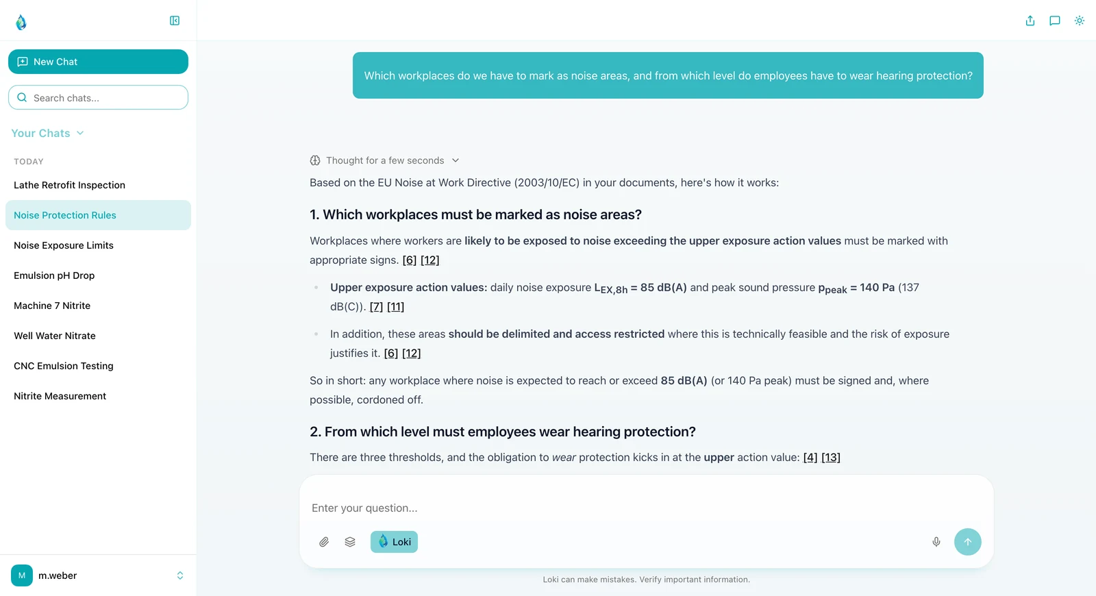 LOKI in light mode: the question which workplaces have to be marked as noise areas and from which level employees have to wear hearing protection. The answer explains the exposure action values of Directive 2003/10/EC, with source references.