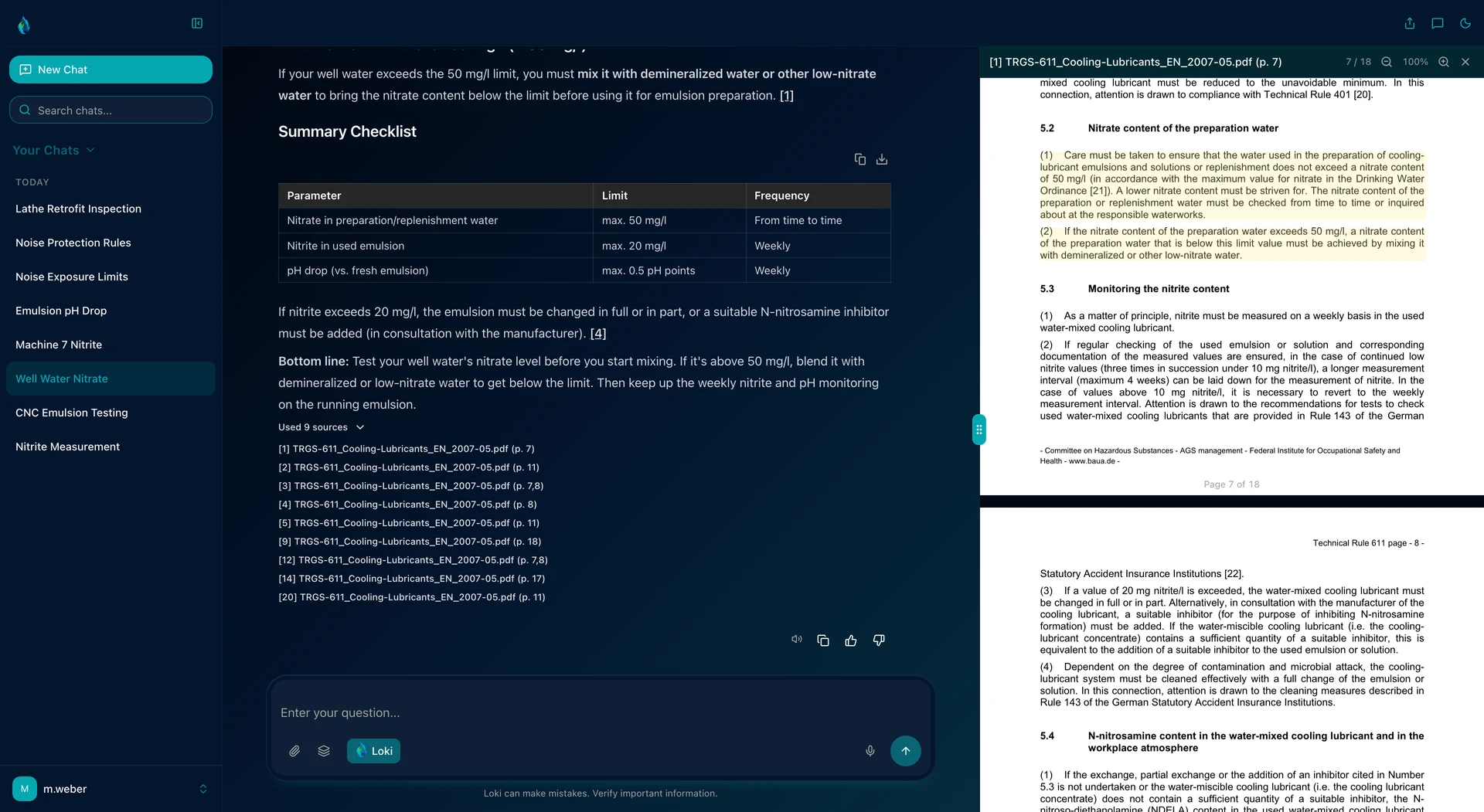 LOKI in dark mode: the answer on well water with too much nitrate for mixing the emulsion, with a summary checklist and nine source references. On the right the English version of TRGS 611 at page 7, with section 5.2 on the nitrate content of the preparation water highlighted.