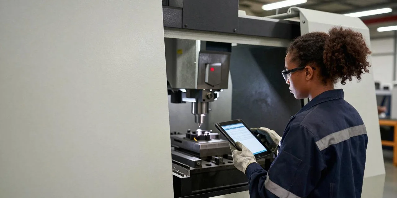 Einrichter mit Tablet an einer CNC-Maschine.