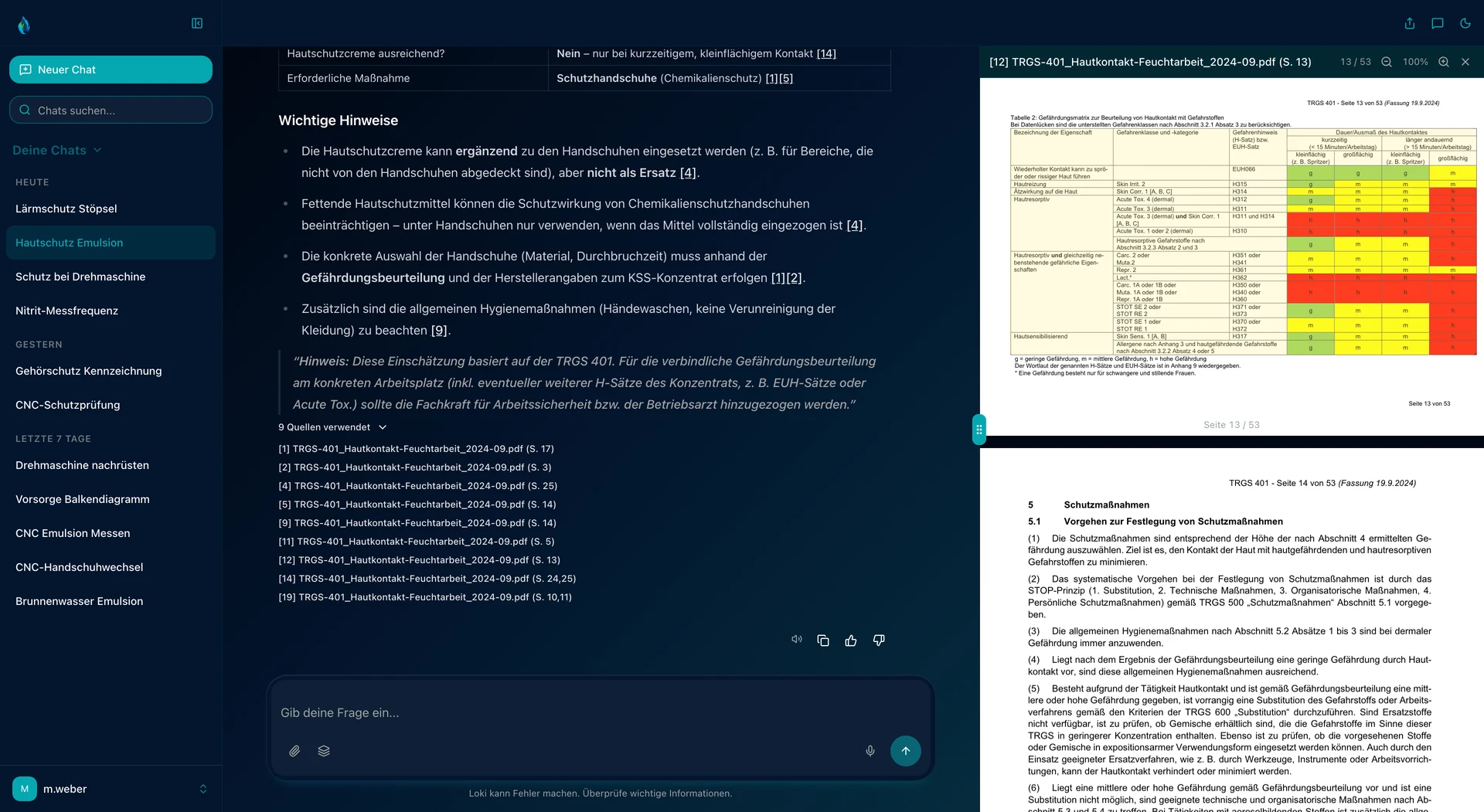 LOKI im dunklen Modus: Antwort zu einem Kühlschmierstoff-Konzentrat mit H315 und der Frage, ob Hautschutzcreme statt Handschuhen reicht, mit neun Quellenangaben. Rechts die TRGS 401 auf Seite 13 mit der farbigen Gefährdungsmatrix für Hautkontakt.