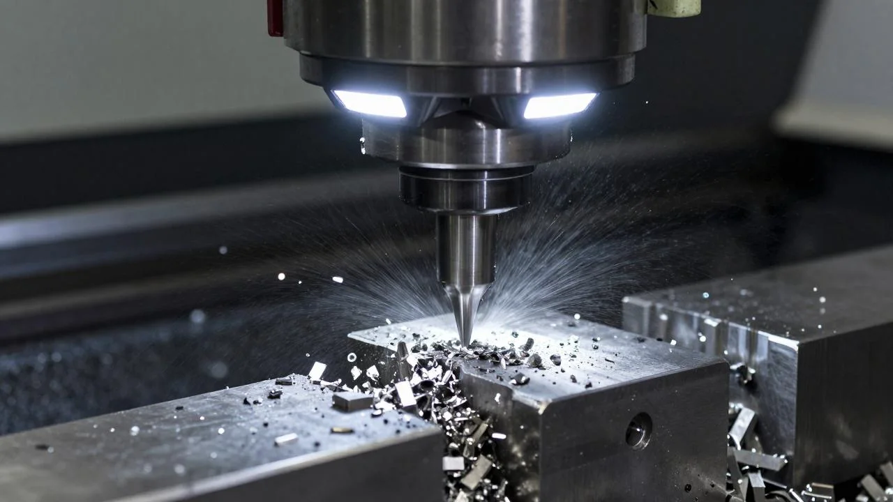 Blick in den Arbeitsraum einer CNC-Maschine, Fräser im Eingriff.