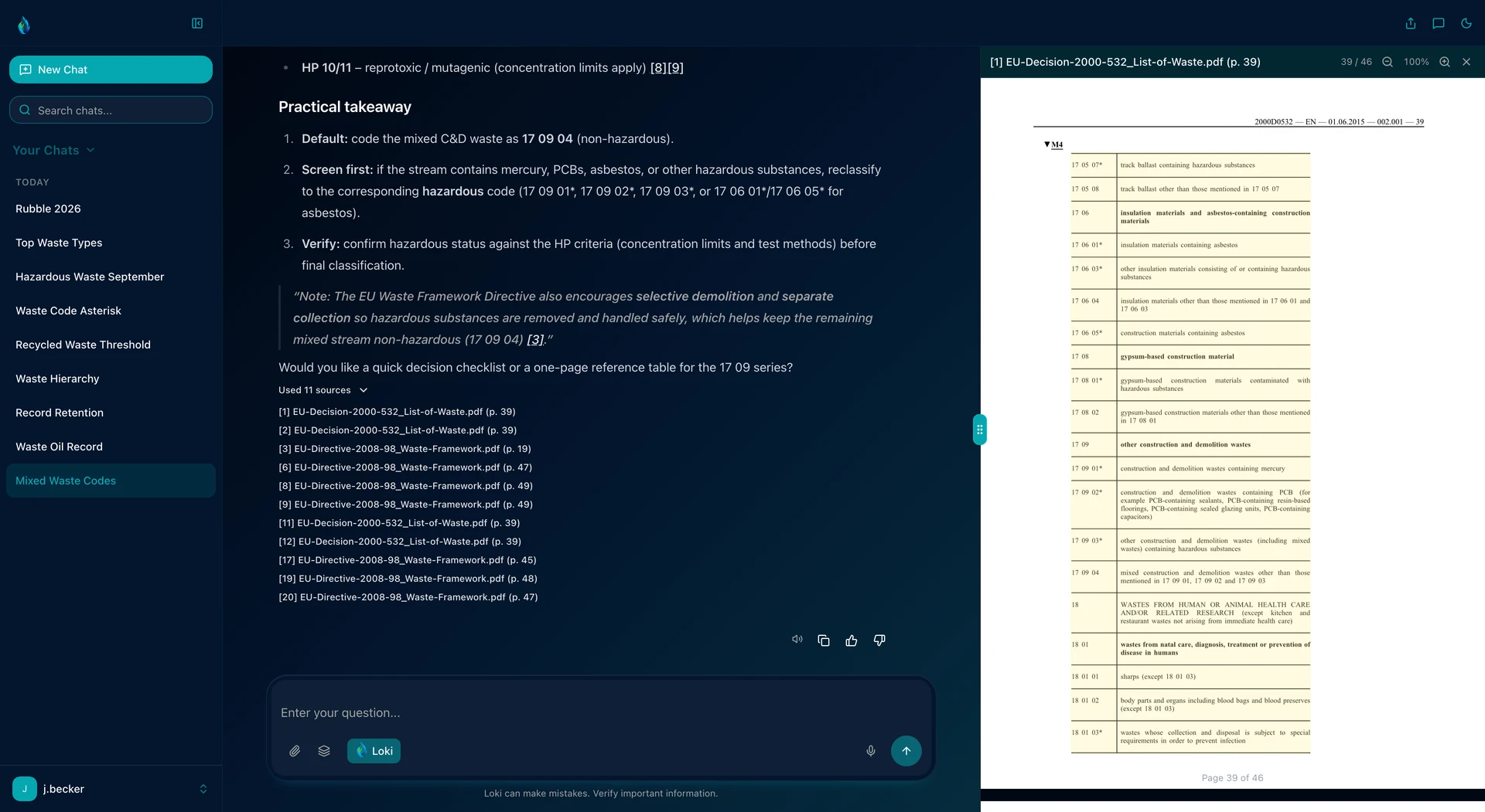 LOKI in dark mode: the answer on how mixed construction and demolition waste is coded, from 17 09 04 to the hazardous entries marked with an asterisk, with eleven source references. On the right the European List of Waste (Decision 2000/532/EC), chapter 17 on page 39.