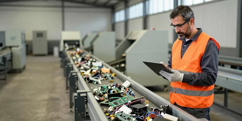 Mitarbeiter mit Tablet an der Materialannahme eines Recyclingbetriebs.