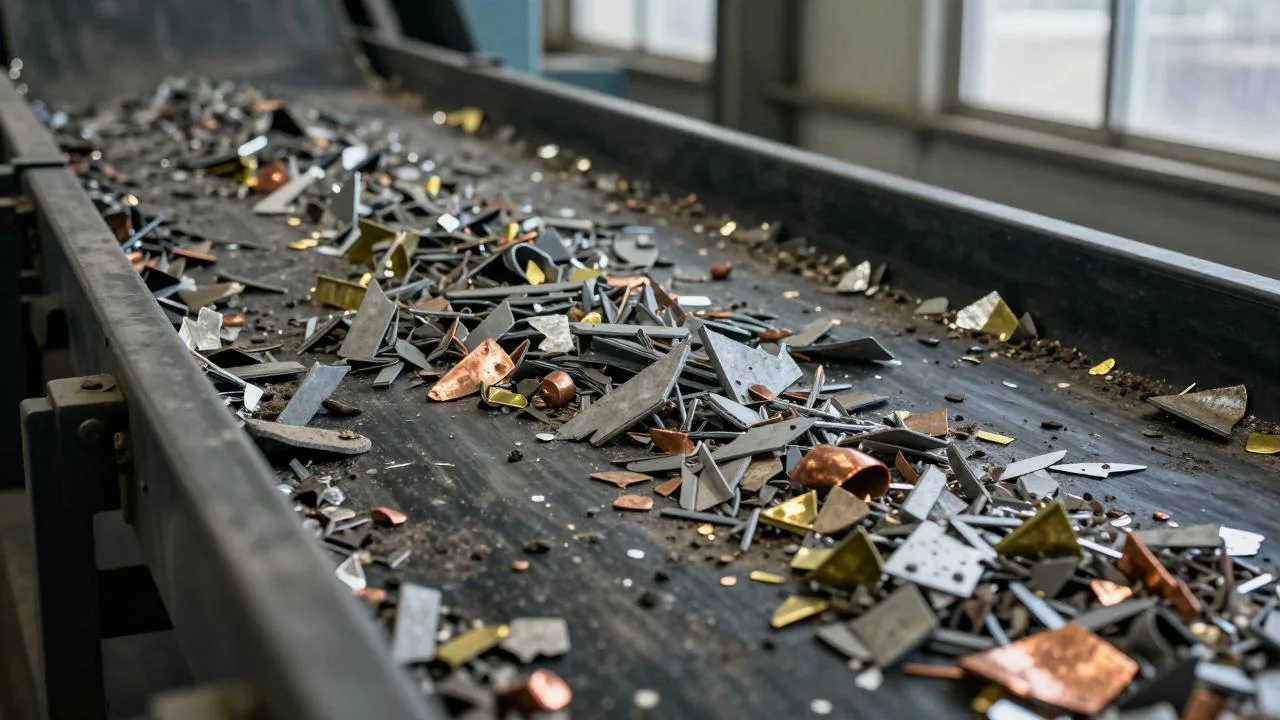 Sorted scrap-metal granulate on a conveyor belt in processing.