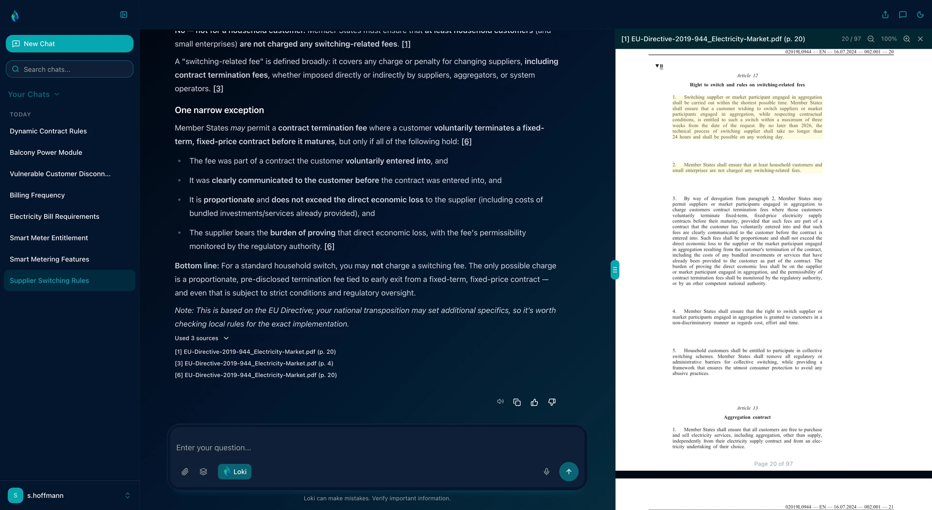 LOKI in dark mode: the answer on how long a supplier switch may take and whether a switching fee may be charged: at most three weeks, and no fees for household customers, with source references. On the right Directive (EU) 2019/944, Article 12 on page 20, with the cited paragraphs highlighted.