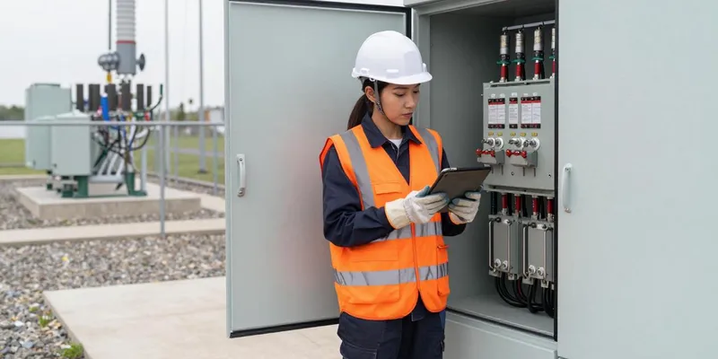 Netzmeister mit Tablet an einer Ortsnetzstation.