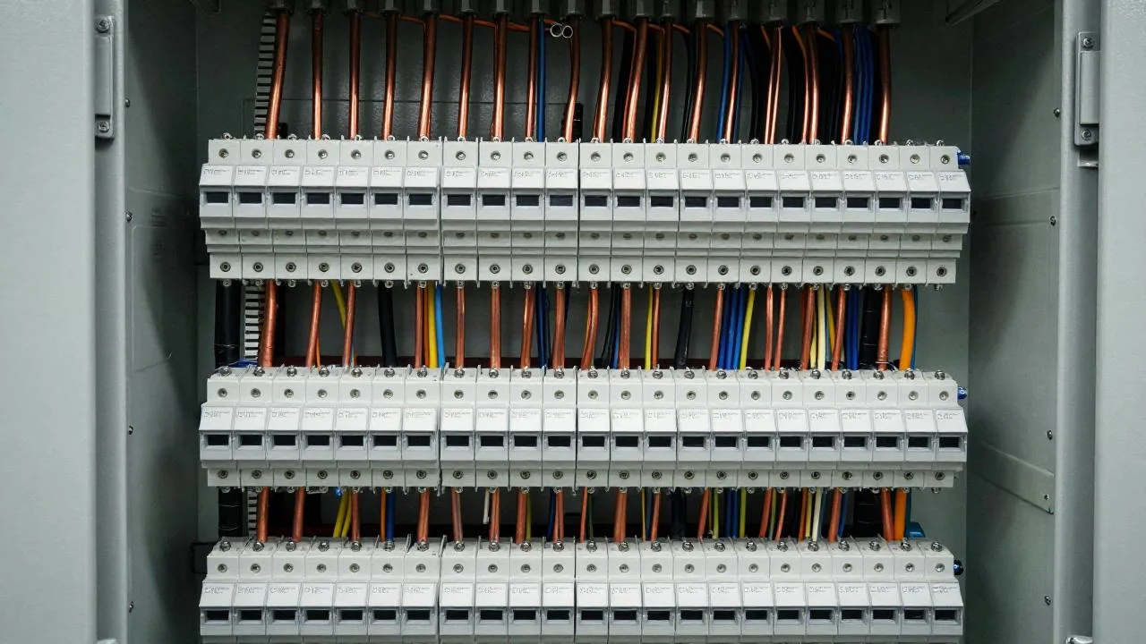 Geöffnete Niederspannungsverteilung einer Ortsnetzstation mit Sicherungsleisten und Abgängen.