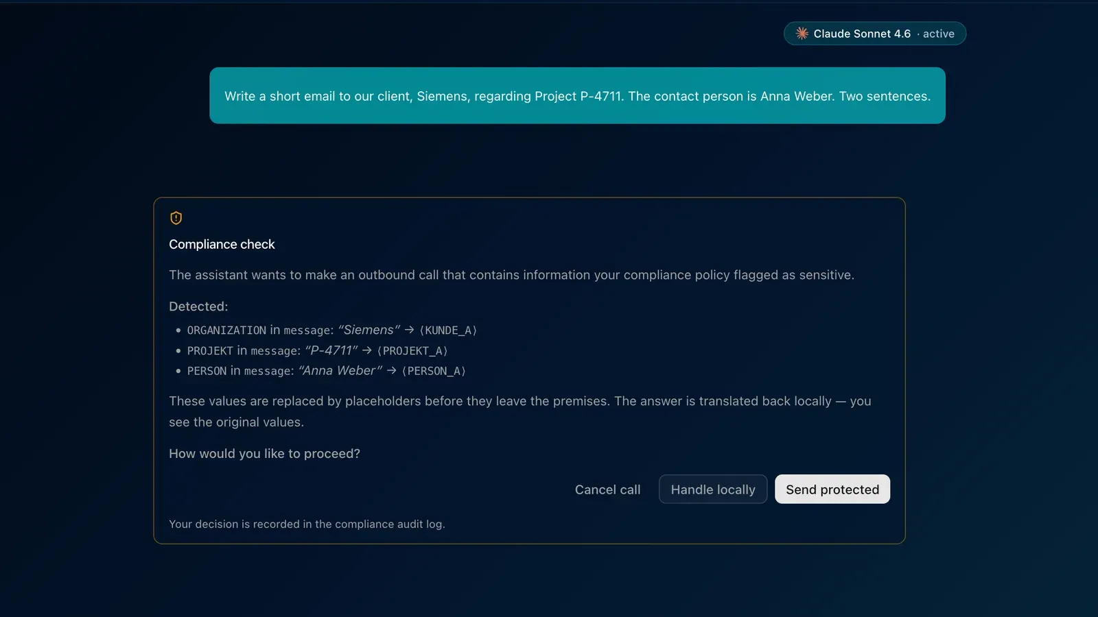 The request for a customer email with real names in LOKI, below it the HEIMDALL compliance dialog: detected details such as customer, project and person with their placeholders, and the options Cancel call, Handle locally and Send protected.