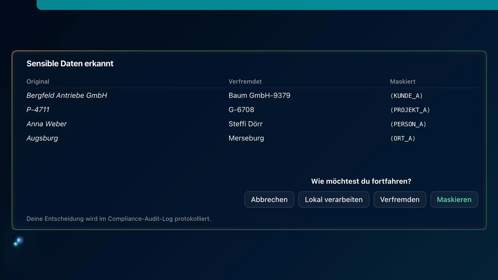 Die HEIMDALL-Karte „Sensible Daten erkannt“ zur Vertragsfrage: Kunde, Projekt, Ansprechpartnerin und Ort im Original, verfremdet und maskiert, darunter die Wege Abbrechen, Lokal verarbeiten, Verfremden und Maskieren.