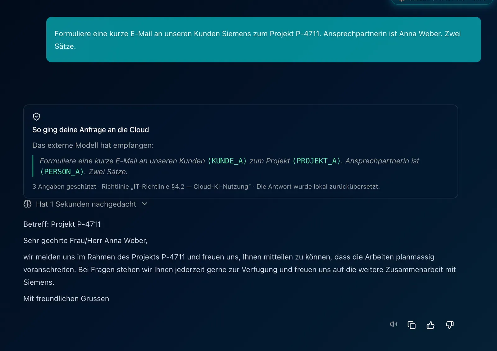 Der komplette Rundweg in LOKI: oben die Frage mit echten Namen, darunter die Karte mit der Platzhalter-Ansicht der Cloud, darunter die fertige Antwort mit den echten Namen.