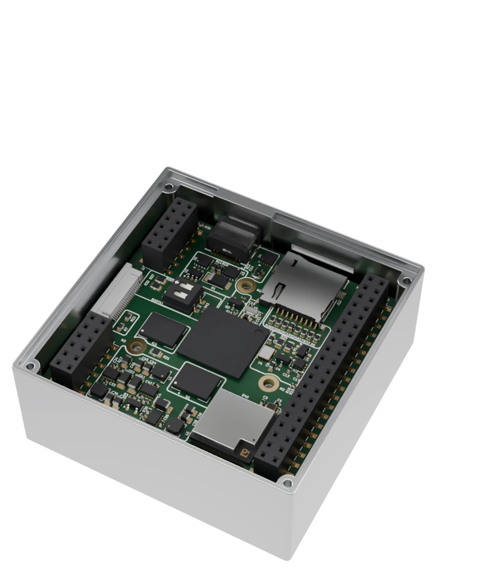 MINERVA Node von IGNAITE: Der Aluminiumdeckel mit großem gelasertem IGNAITE-Logo hebt sich vom Gehäuse und gibt den Blick auf die eigene Platine mit dem STM32N6 frei.