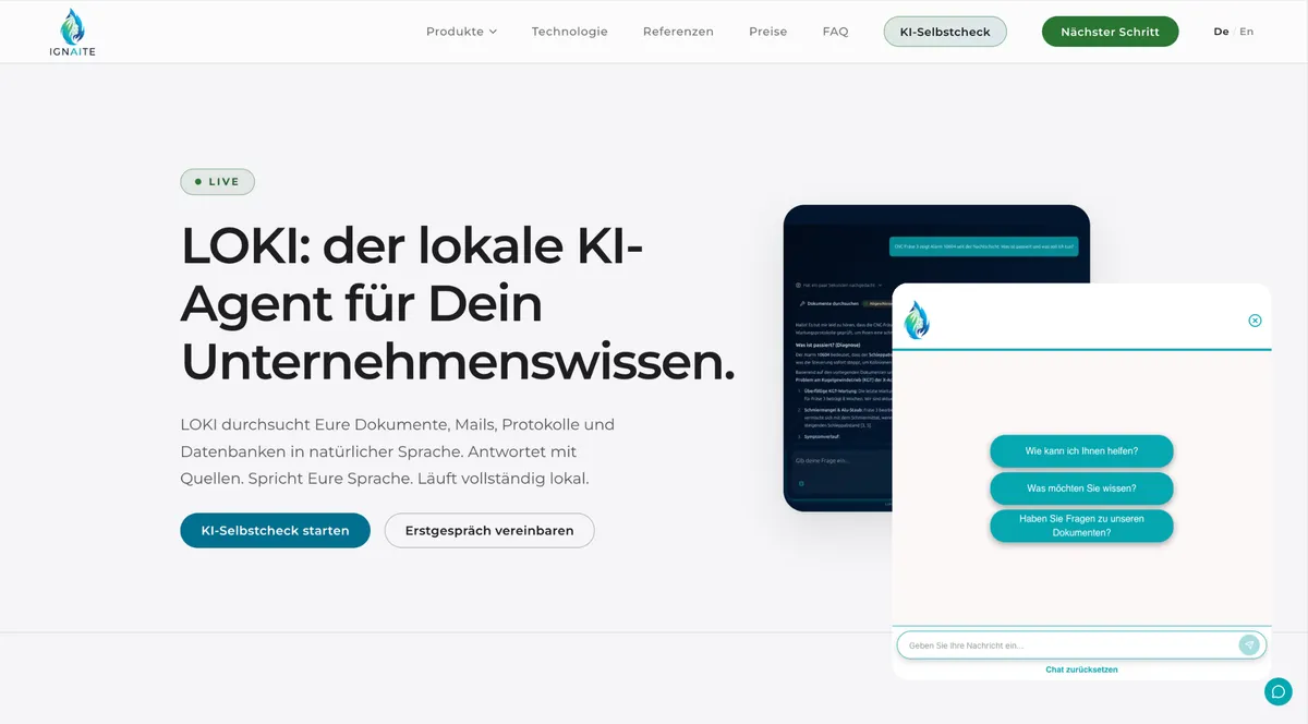 Beispiel-Website mit geöffnetem LOKI-Chat-Widget unten rechts