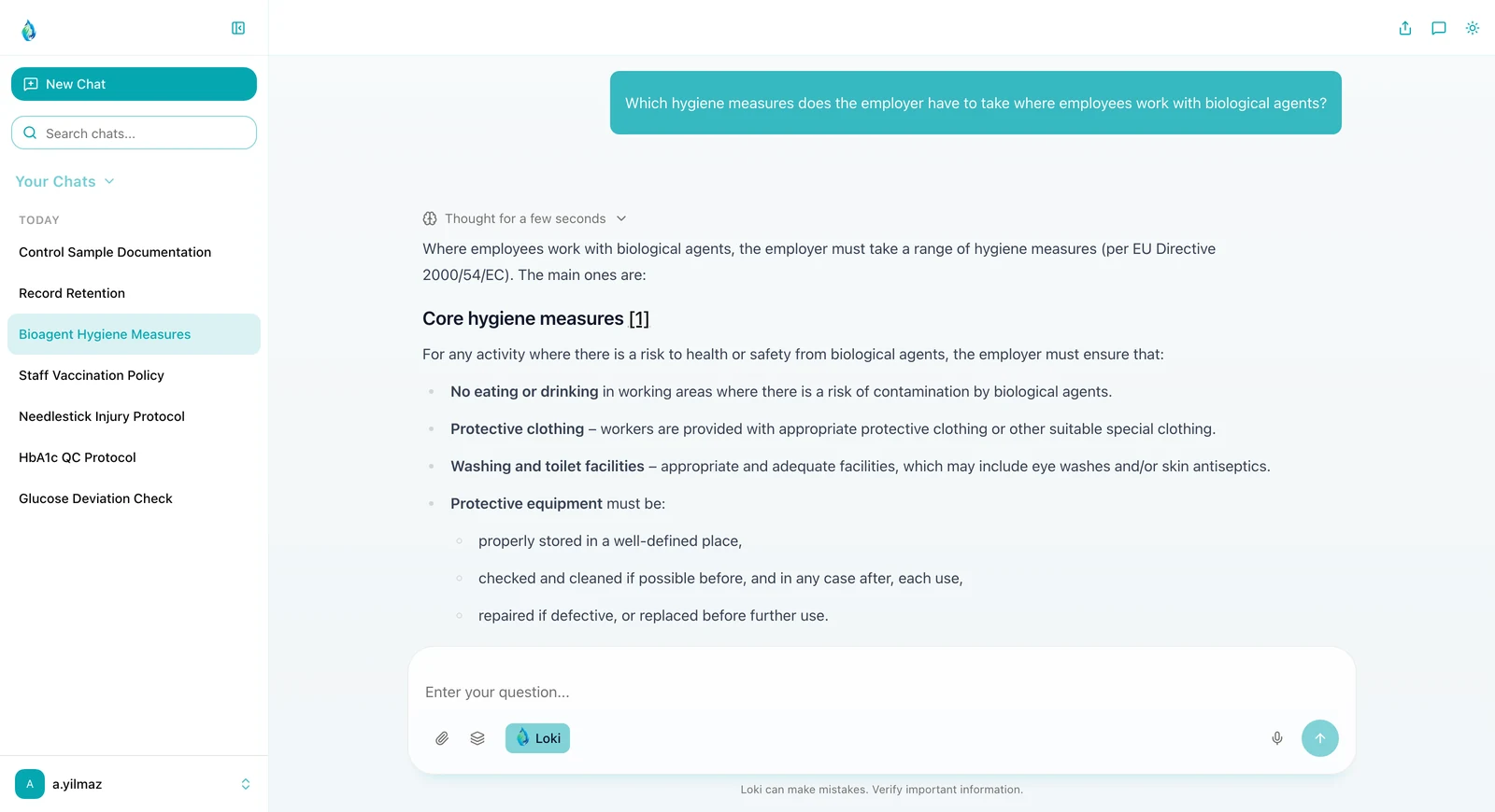 The chat app in light mode: a medical practice asks which hygiene measures the employer has to take where employees work with biological agents, and the answer lists them from Directive 2000/54/EC