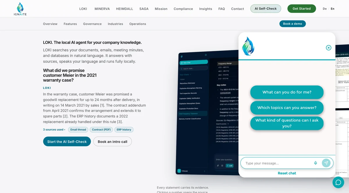 Example website with the LOKI chat widget open in the bottom right corner