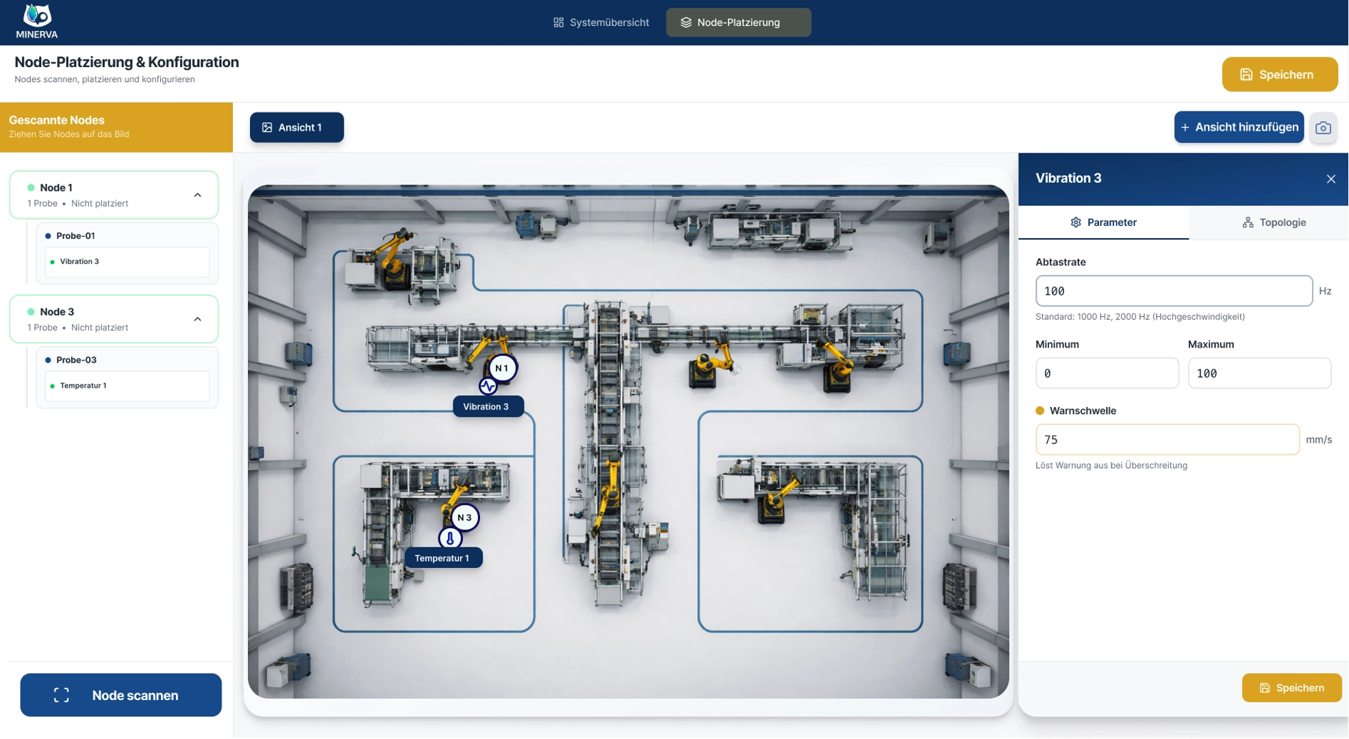 Top-down view of the production floor with placed Node markers