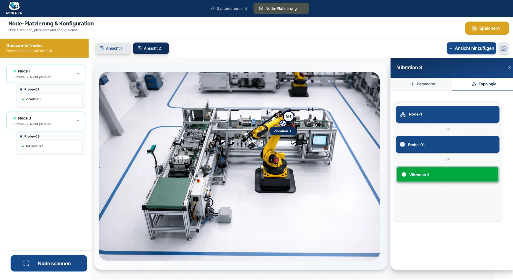 Topology view: Node-Probe hierarchy next to the placed sensor