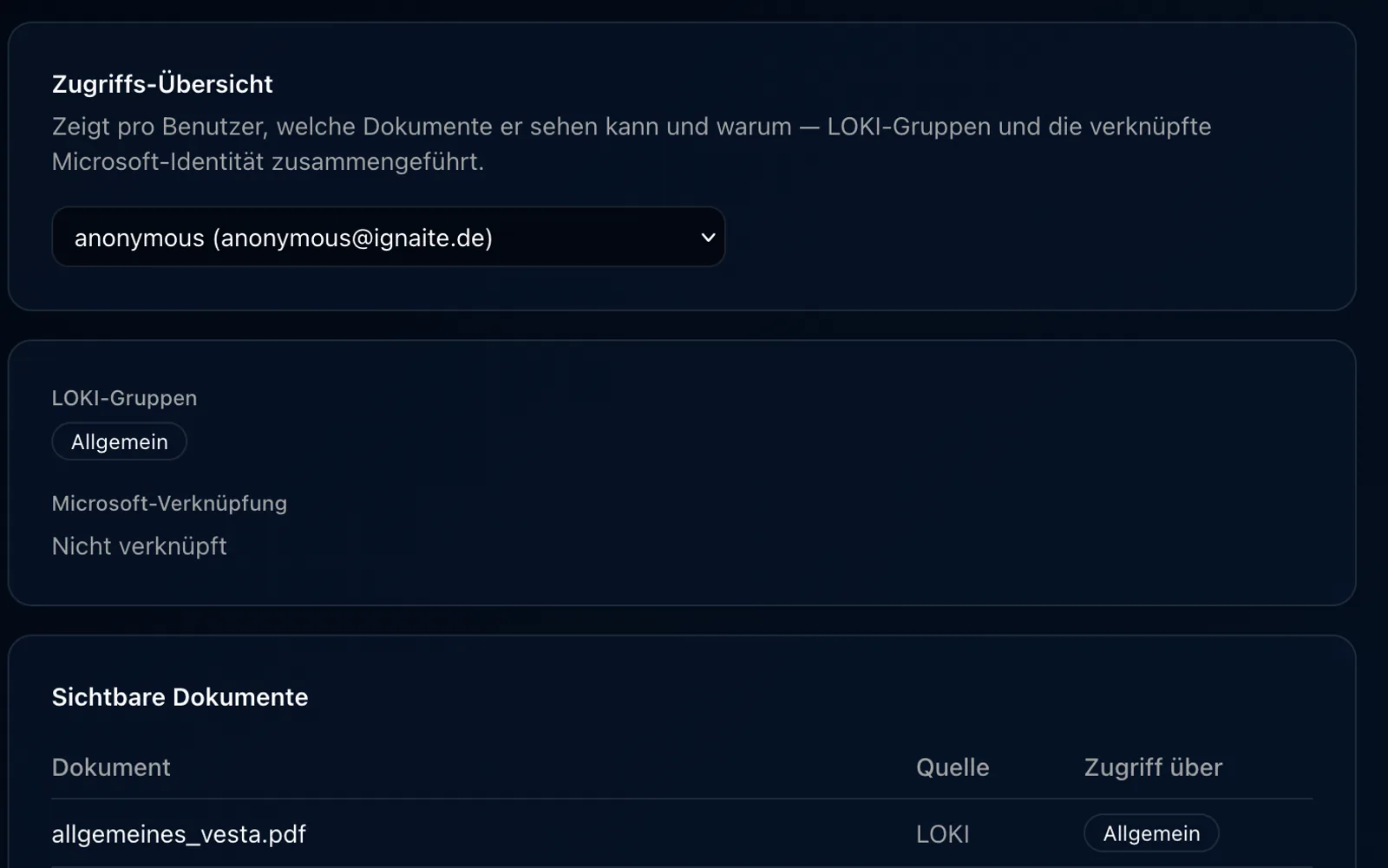 Die Zugriffs-Übersicht in LOKI: pro Benutzer die zugeordneten Gruppen, die verknüpfte Microsoft-Identität und eine Tabelle aller Dokumente, die er sehen darf, samt Zugriffsweg.