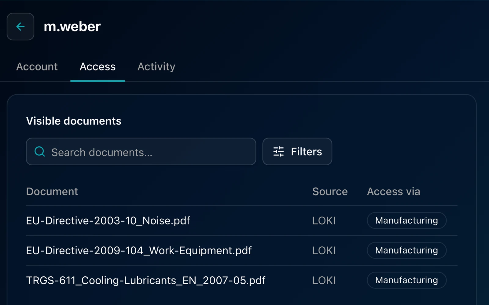 The access overview in LOKI: per user the assigned groups, the linked Microsoft identity, and a table of every document they may see together with the path that grants access.