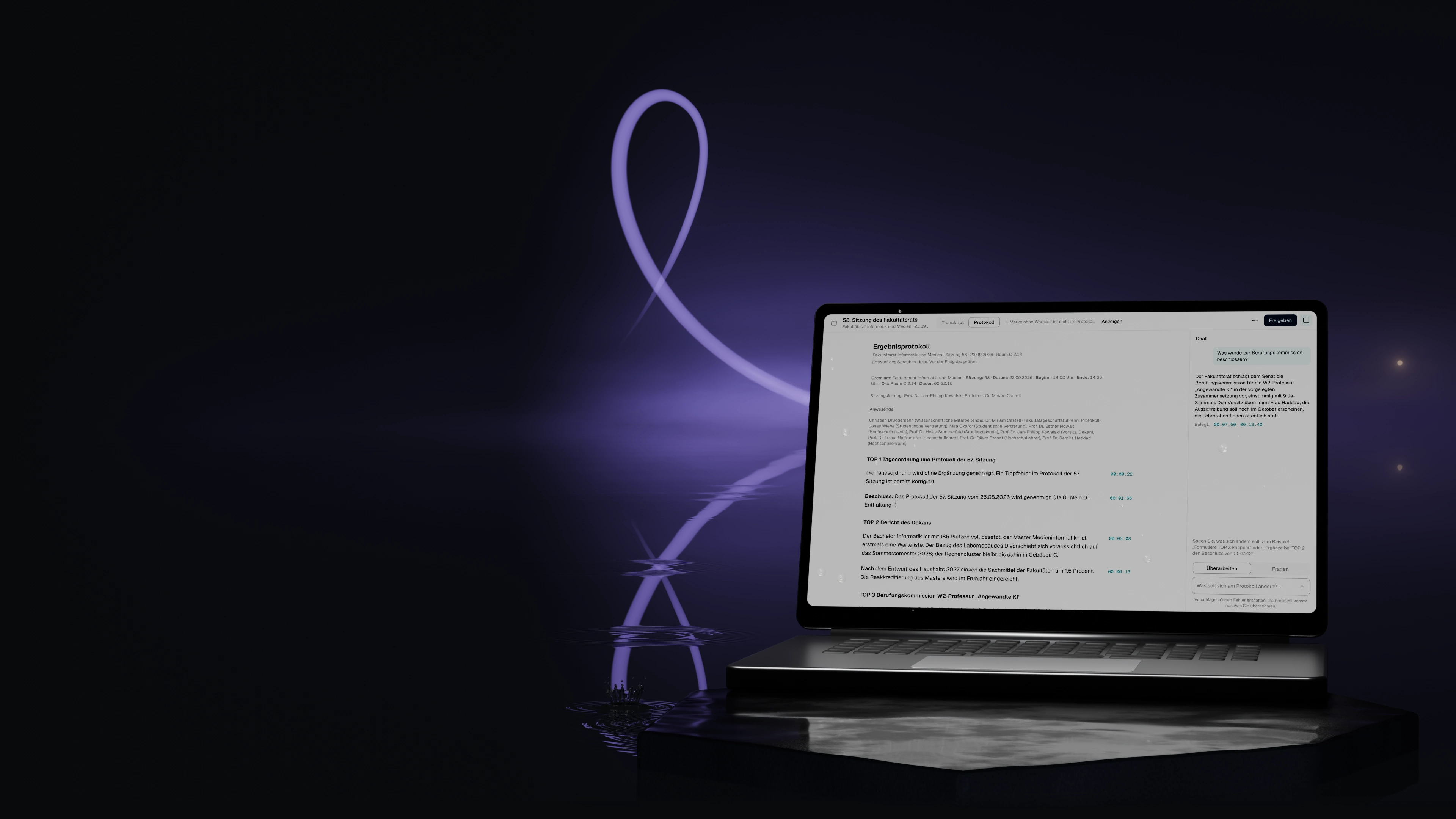 A laptop showing minutes in SAGA stands on dark stone in still water, with a violet loop above it that is mirrored in the water.