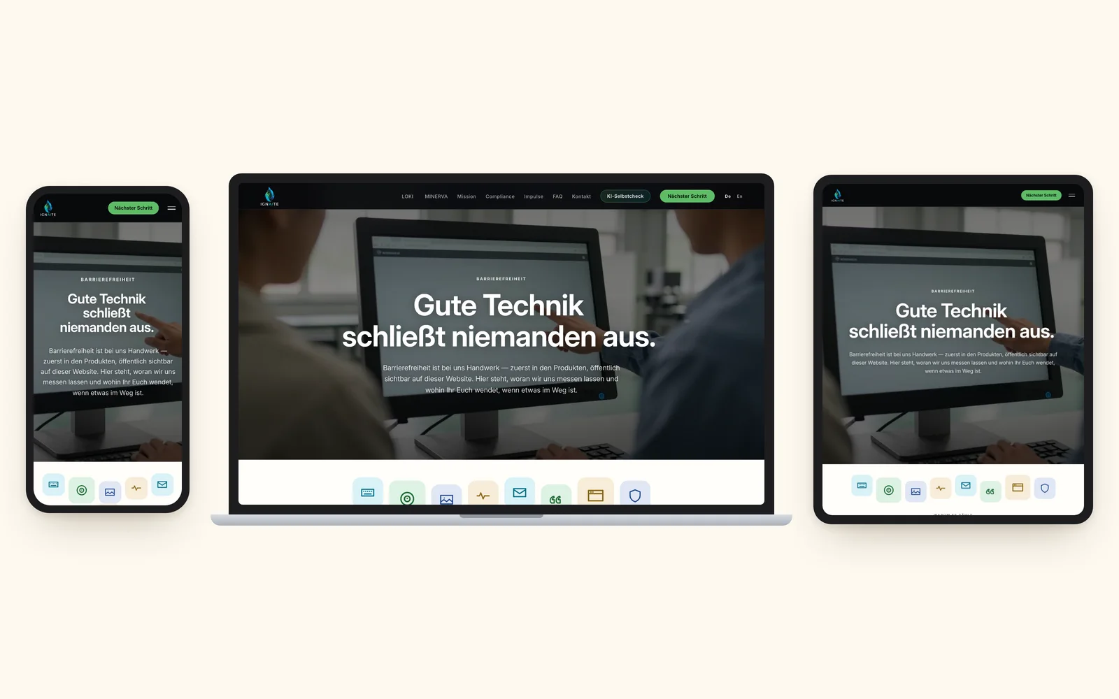 Dieselbe ignaite-Seite auf Telefon, Laptop und Tablet nebeneinander