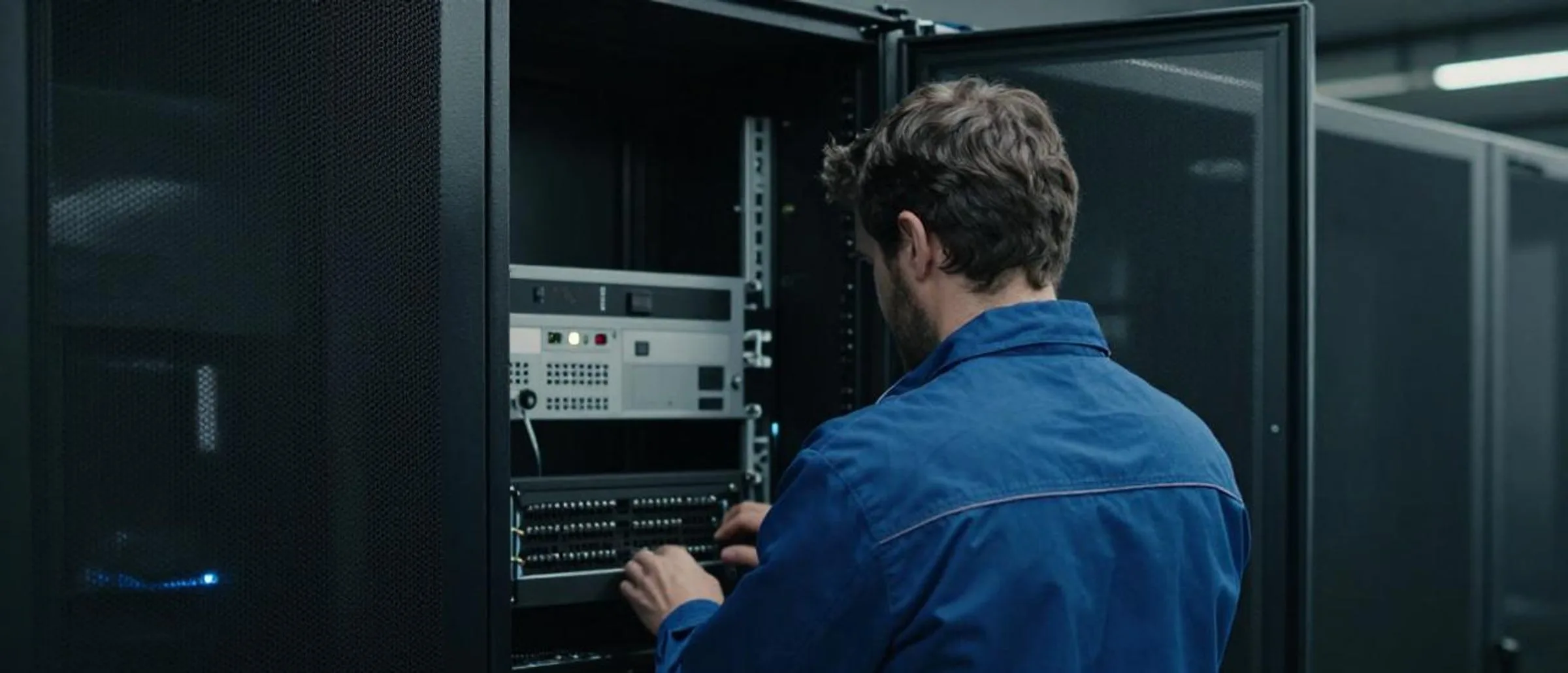 Technikerin oder Techniker arbeitet an einem geöffneten Serverschrank